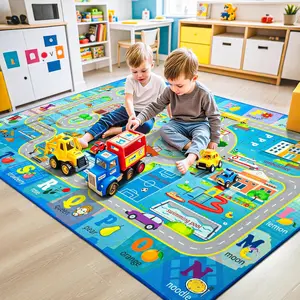 5x8  Road Area Rug for  Playroom Bedroom, Non Slip Low Pile Washable ABC Alphabet Carpet for Classroom, City Track Play Mat for     Room Decor, Blue
