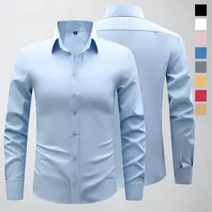 Men’s long-sleeve dress shirt, modern slim fit, wrinkle-resistant casual business button-up shirt, suitable for commuting and work, basic style men’s top