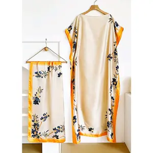 Soft White Yellow Silky Floral Kaftan Dress With Scarf