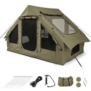 COSTWAY - 4-6 People Inflatable Camping Tent with 4 Mesh Screen Windows and 2 Doors-Green
