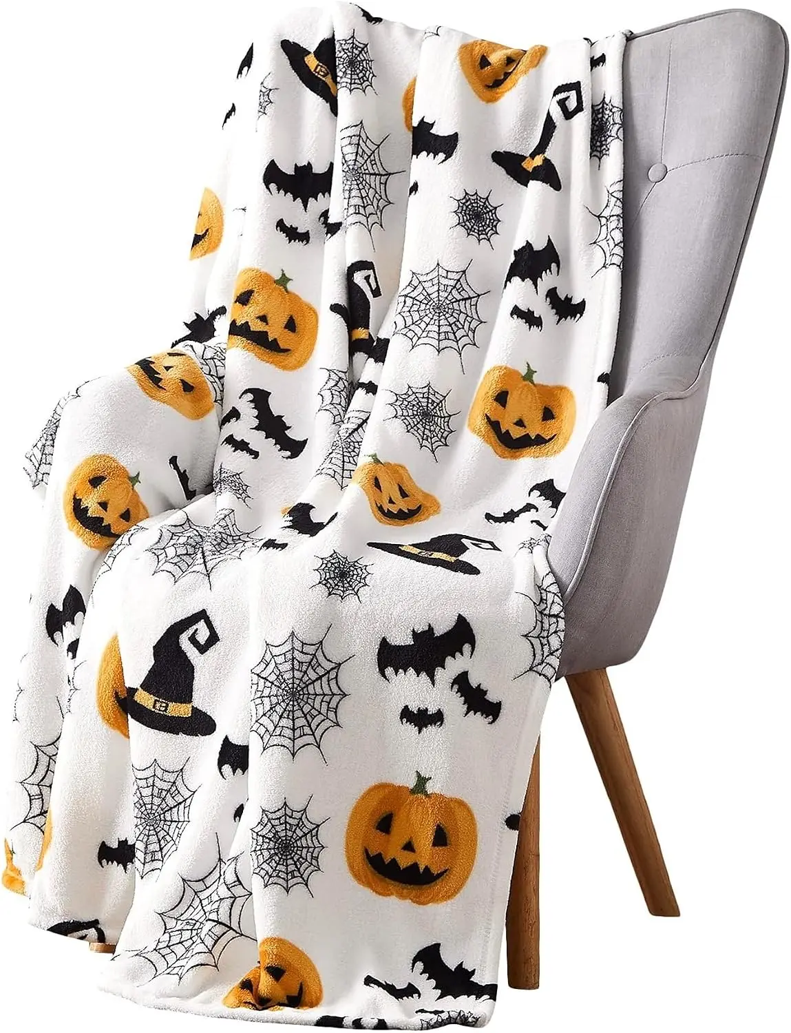 Halloween Fleece Throw Blanket - Modern Polyester Flannel, Spider Webs, Witch's Hat, Black Bats, Orange Pumpkins, Soft Warm, All Seasons, Machine Washable for Bed, Couch