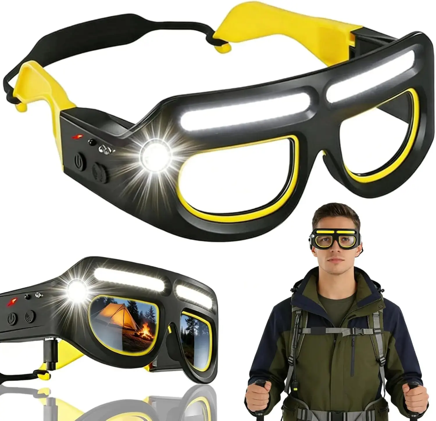 Rechargeable LED Headlamp Glasses, Motion Sensor + Touch Control, 5 Light Modes, USB-C Charging, Hands-Free Lit Glasses for Running, Camping, Fishing, Cycling & Hiking (Yellow and Black)