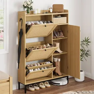 Brown Rattan Wood Freestanding Shoe Cabinet - 3 Flip Drawers, 4 Open Shelves Side Cabinet, Slim Metal-Legged Shoe Rack, Adjustable Smooth Surface, for Entryway, Entryway Table, Configurable Shoe Storage, Adjustable Shoe Storage