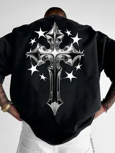 Men's Crewneck T-Shirt, Chrome Cross Print, Washed Black Grunge Streetwear Tee for Men