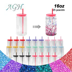 AGH 15/25pcs 16oz Sublimation Snow Globe Glass Tumbler with Lid Straw Double Wall Glitter DIY Cup Reusable Gift Cold Coffee Mug Can Pre Drilled Hole Plug