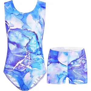 KF5-GCS036     Girls Gymnastics Leotards 2 Piece Shiny Sleeveless Bodysuits with Sparkly Breathable Shorts Suit