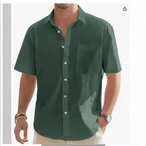 Men's Cotton Linen Short Sleeve Shirt Casual Button Shirt Beach Summer Top with Wrinkle-Free Shirt