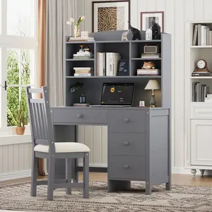 [Bellemave]Vintage 40'' Home Executive Desk and Upholstered Chair Set with Bookshelf, Computer Desk with Four Drawers, Storage Shelf, and Chair, Ideal for Office or Study in Bedroom or Living Room, Gray