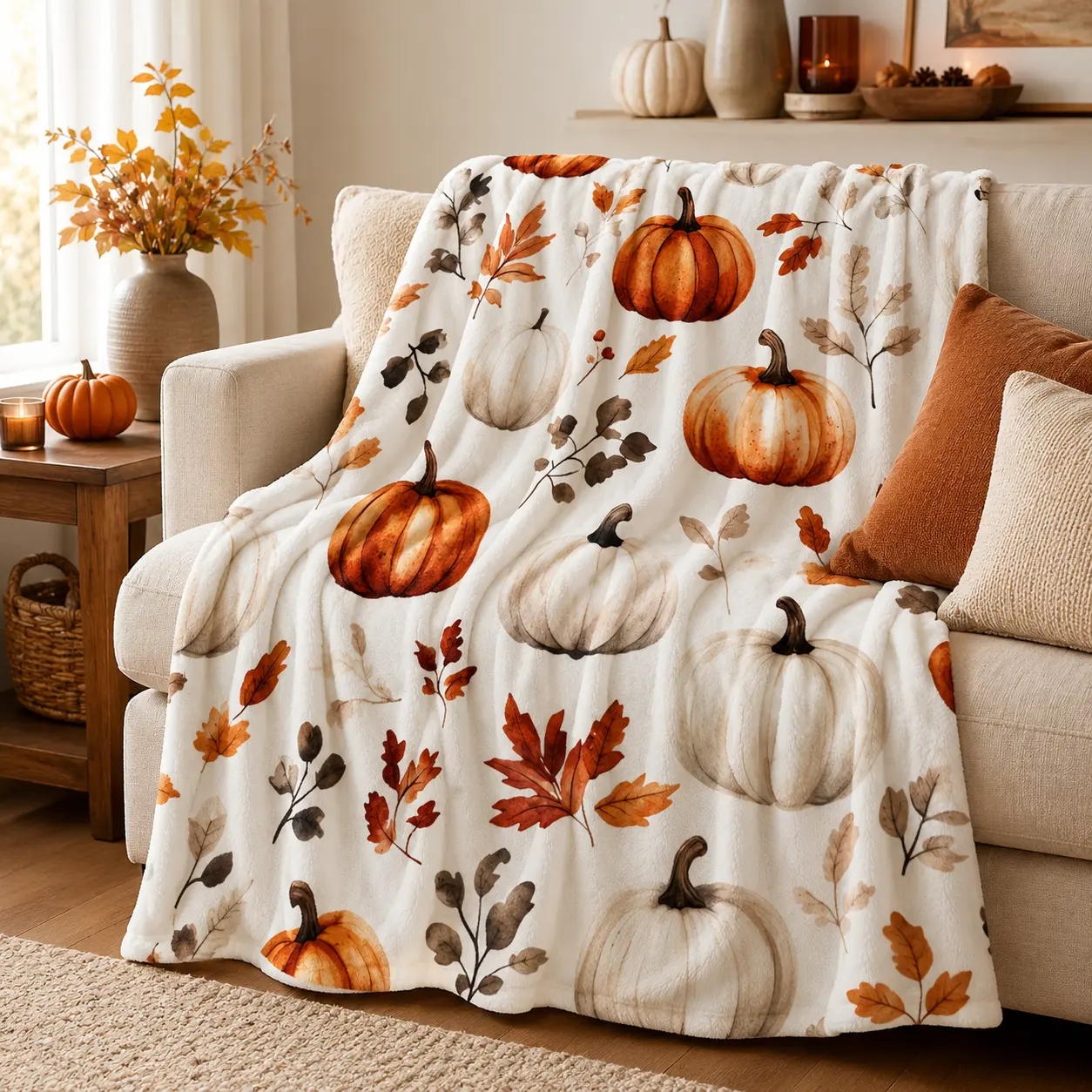 Autumn Pumpkin Flannel Throw Blanket with Orange & White Pumpkin, Fall Leaf and Botanical Print, Soft Cozy Lightweight Fleece Blanket for Couch, Bed, Sofa and Travel, Rustic Farmhouse Fall Home Decor Gift for Women, Adults and Thanksgiving Lovers