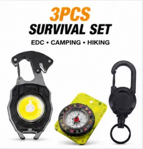 Outdoor multifunctional lighting compass set with retractable backpack clip, 3-piece