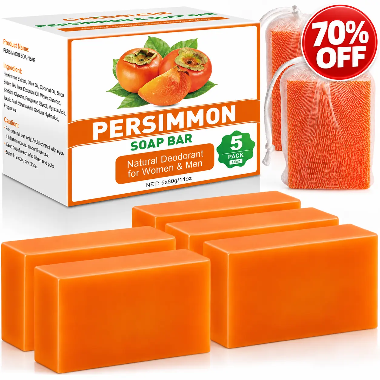 Persimmon Soap Bar 5 Pcs 80g Natural Deodorant for Women & Men Smell Relief