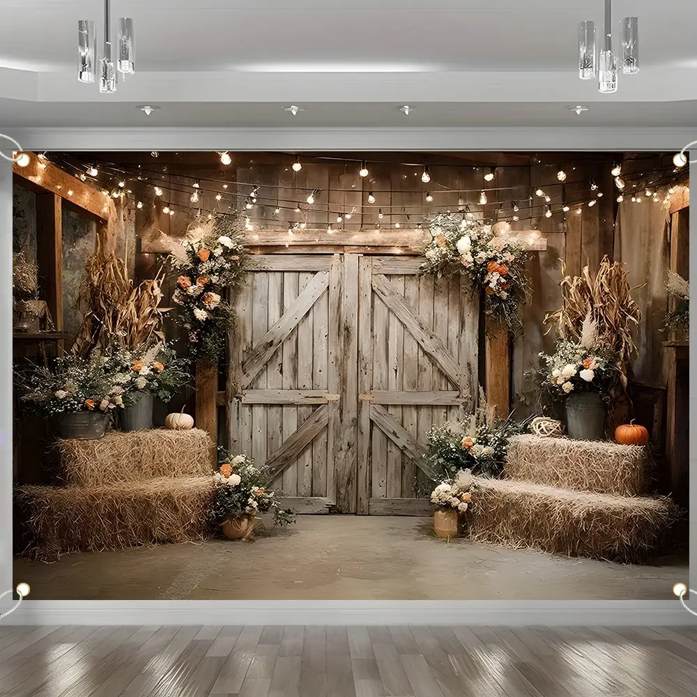 Rustic Barn Door Backdrop Banner, Farmhouse Fall Wedding Decorations with Hay Bales, Floral String Lights, Polyester Fabric Photo Booth Prop, Reusable Easy to Clean, For Baby Shower, Fall Festival, Home Decor, Party Decor Props