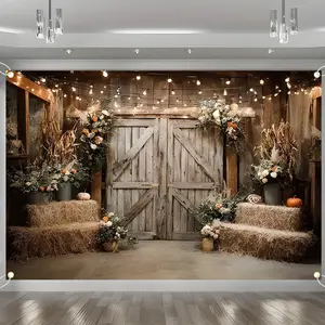 Rustic Barn Door Backdrop Banner, Farmhouse Fall Wedding Decorations with Hay Bales, Floral String Lights, Garland, Polyester Fabric Photo Booth Prop, Reusable Easy to Clean, Perfect for Baby Shower, Fall Festival, Home Decor