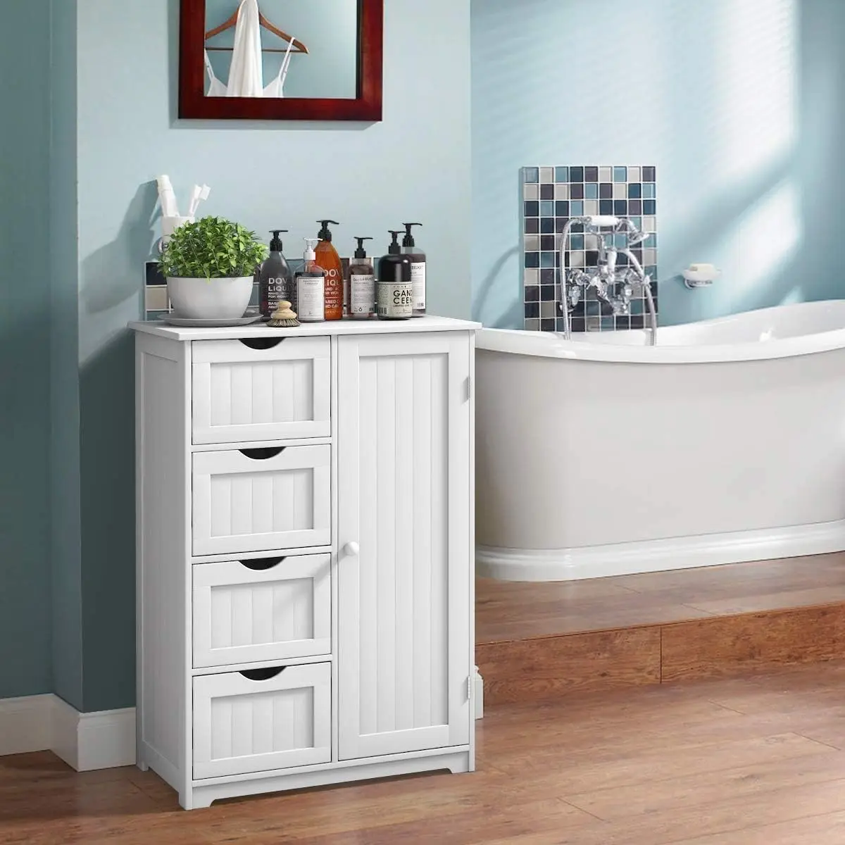 Costway Bathroom Floor Cabinet, Freestanding Storage Cabinet with 4 Drawers & Single Door, Adjustable Shelf, Multipurpose Bathroom Cabinet for Home Office, 22 x 12 x 32 Inch