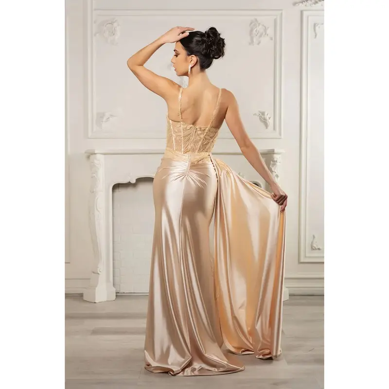 backless champagne wedding dress V Neck Backless Champagne Tulle Lace Long Prom Dresses, Champagne Lace –  Eip Collection