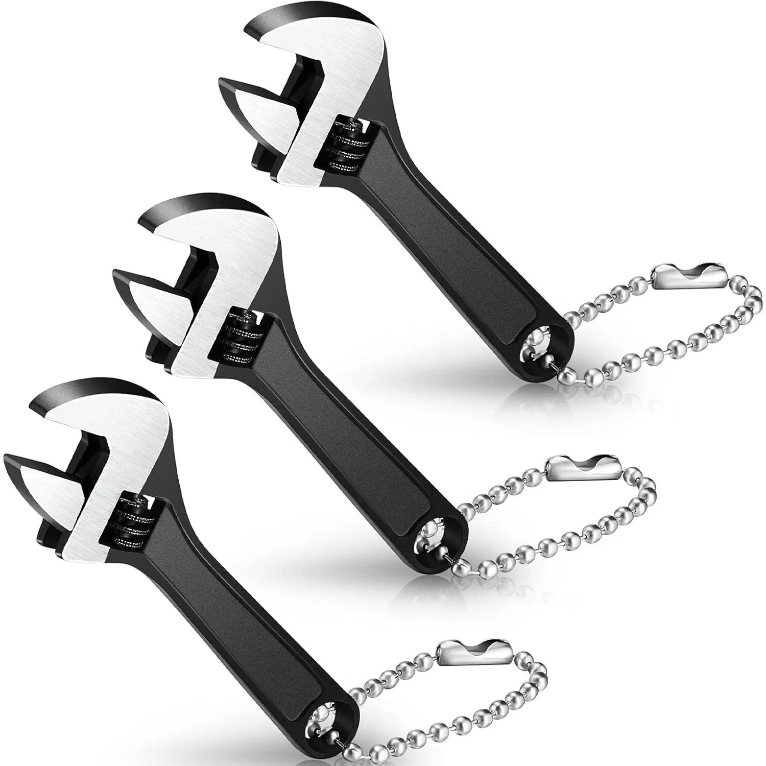 3 count Mini Adjustable Wrench Set, Black Spanner with Chain, Pocket Hand Wrench, Small Wrenches,  Wrenches, Knurl Wide Jaw Repair Maintenance Automotive Tool (2.5 Inch)