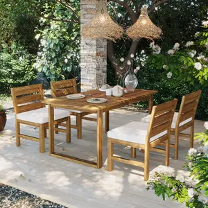 Farmhouse 5-Piece Outdoor Patio Dining Set, Solid Acacia Wood 4-Seater Dining Furniture with Adjustable Legs, Weatherproof Leisure Table Set for Backyard Garden Deck