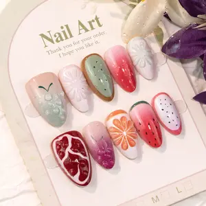 Trending 30pcs Handmade 3D Salon Quality Reusable Long Lasting Customizable Fresh Fruit Watermelon Orange Grape Pomegranate Almond Acrylic Press-on Nails, Removable Fake False Nails for Women Girls Daily & Party Use with Gel X Nail Kit