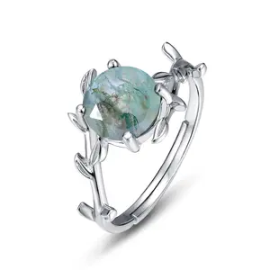 Classic Design  Leaf branch Ring Round Natural Moss Agate Quartz Engagement Solitaire Ring Jewelry