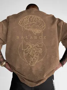 Men's "BALANCE" Double-Sided Brain & Heart Graphic Print Washed Oversized T-Shirt, Casual Streetwear Loose Fit Tee, Breathable Summer Top #DoubleSidedPrintTee #BalancePrintTShirt #WashedOversizedTee #StreetwearCasualTop #TikTokMadeMeBuyIt