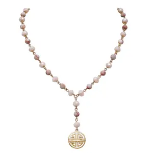 Four Blessings Good Luck Necklace with Glass Bead and Natural Stone (Light Pink)