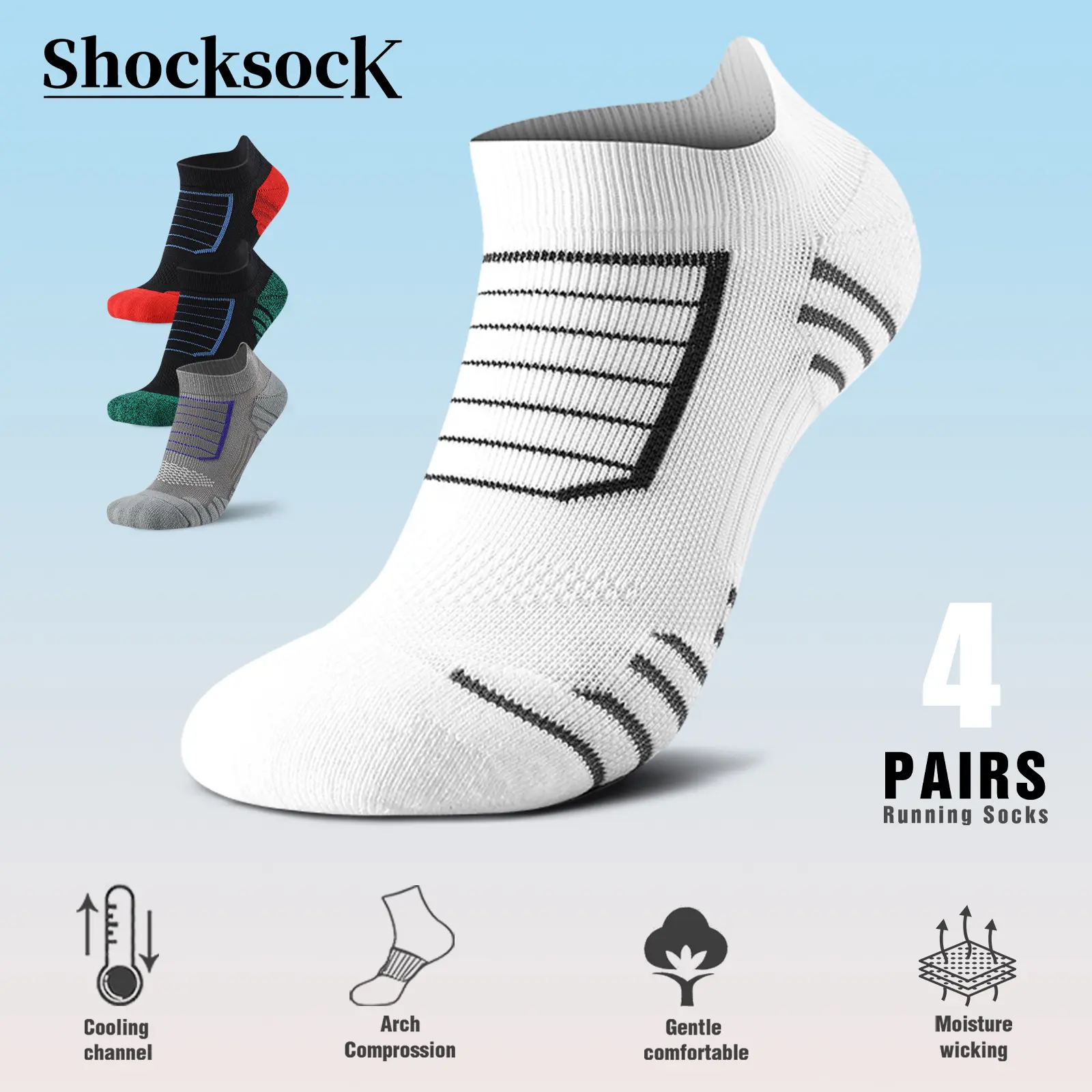 Men's 4-Pair Cotton Active Ankle Socks, Absorbent Sports Socks for Adults with Arch Support, Cushioning, Moisture Wicking, Breathable, Shock Absorbing, Anti-Slip, Odor Proof for Basketball, Running, All Season, White Ankle Socks, Biking