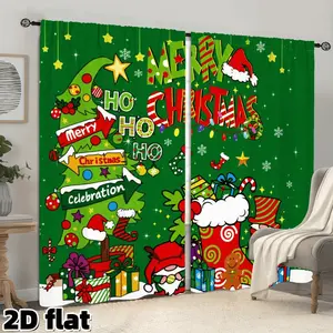 2D Flat 2Pcs Merry Christmas Cartoon Pattern Curtain, Festive Green Background with Santa Stockings Gifts Stars Design, Semi Sunshade Rod Pocket Style for Living Room Bedroom Kitchen Holiday Decoration, Premium Window Treatment