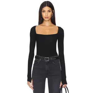 Michael Lauren Kaleb Long Sleeve W/ Square Neckline Double Layered Top in Black