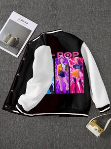 girls' spring & fall fashion kpop series print fleece lined jacket, cute style baseball coat, casual preppy look