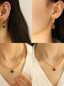18K Gold Plated Tiger's Eye & Green Onyx Jewelry Set, Stainless Steel Retro Pendant Necklace & Drop Earrings for Women
