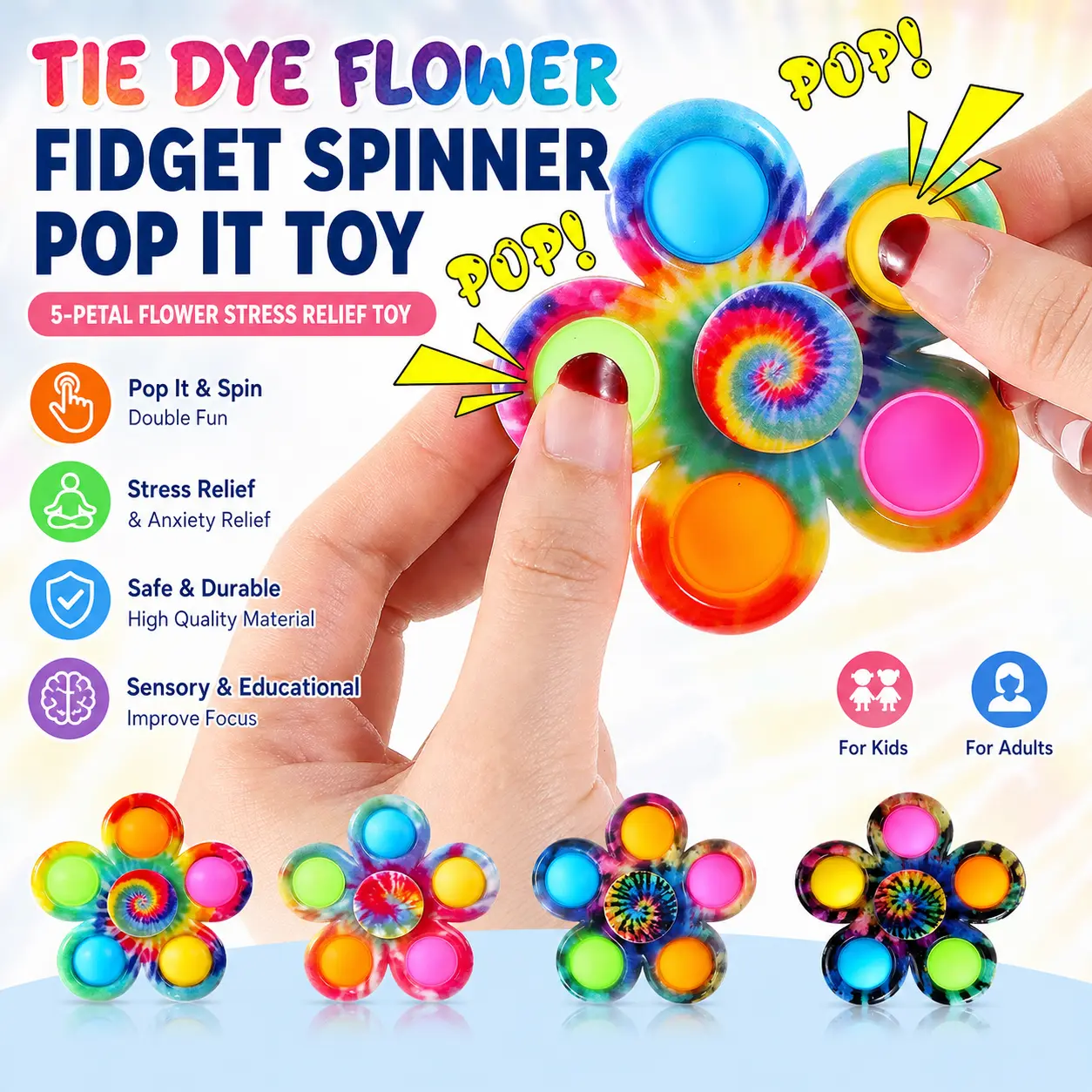 Tie Dye Flower Fidget Spinner Pop It Toy, 5-petal Flower Stress Relief Decompression Toy, Sensory Fidget Pop Bubble Spinner Educational Anxiety Relief Toy For Kids Adults