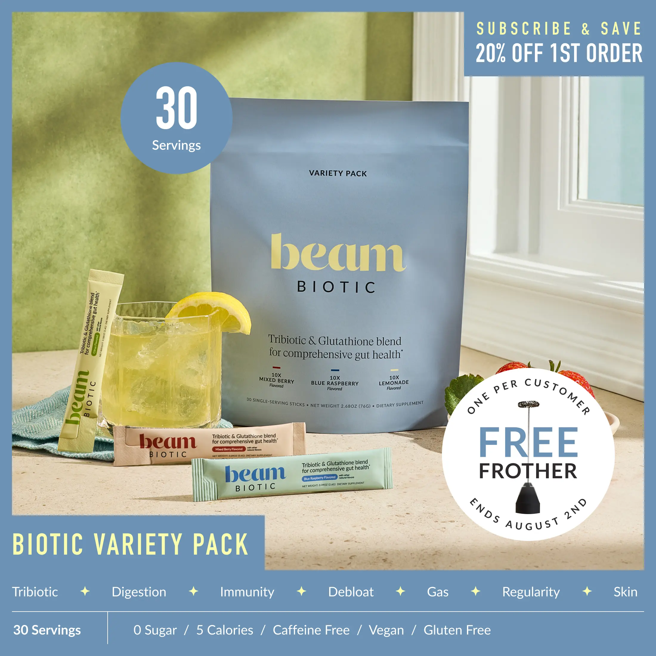 Beam Biotic Dietary Blend Variety Pack - 30 Caffeine-Free Single-Serve Sticks, Gut Support & Gut Balance with Prebiotics, Probiotics, Postbiotics (Blue Raspberry, Mixed Berry, Citrus Lemonade) [Stick-Pack Ease] | Summer Sale