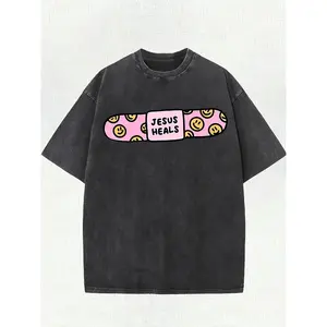 Jesus Heals with Smiling Face Bandage 220g Pattern Print Cotton Front Print Round Neck Street Style Men's T shirt Pure Cotton Daily Casual Wear