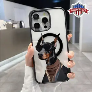 Doberman Sunglasses Pattern Magnetic Phone Case for iPhone 16 15 14 Pro Max 13 12 11 XR XS Plus Anti-Yellowing Shockproof Lightweight Transparent Acrylic Soft Cover Supports Wireless Charging.