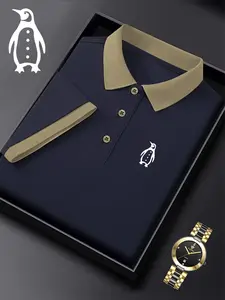 Men's Ff3292 Penguin Print Polo Shirt, Casual Fitted Short Sleeve, Breathable and Elastic, All-Season Wear, Trendy Style