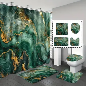 Bathroom Curtains Shower Curtain Sets, Marble Pattern Decor, Bohemian Style Bath Accessories, Includes Hooks & Rug, Shower Essentials