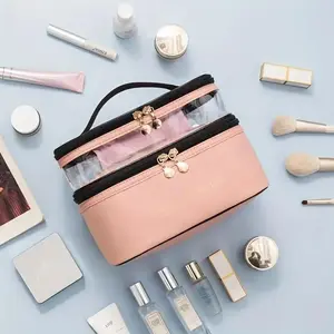 Double-Layer Makeup Bag, Transparent PU Travel Organizer, Travel Essentials, Fashionable Waterproof Storage Pouch, Cosmetic Bags, Large Capacity Cosmetic Holder for Girls Gift