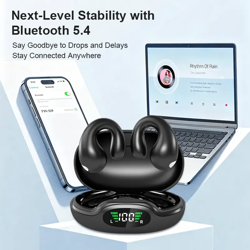 Bluetooth 5.4 Compact Clip Open Ear Buds, Wireless Sports Audio Earphones with LED Power Indicator, 50H Total Playtime, Hi-Fi Stereo Sound, Lightweight Comfort Ear Hooks, Noise Cancellation for Mobile Phones, Workout, Commuting