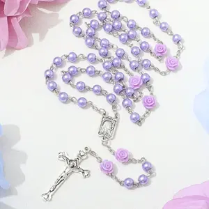 Purple Pearl Cross Prayer Necklace – Small Virgin Mary & Jesus Pendant