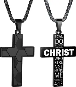 Soccer Cross Necklace for Men Inspirational  Verse Cross Pendant Stainless Steel Chain 22+2 inch Soccer   Football  for Men