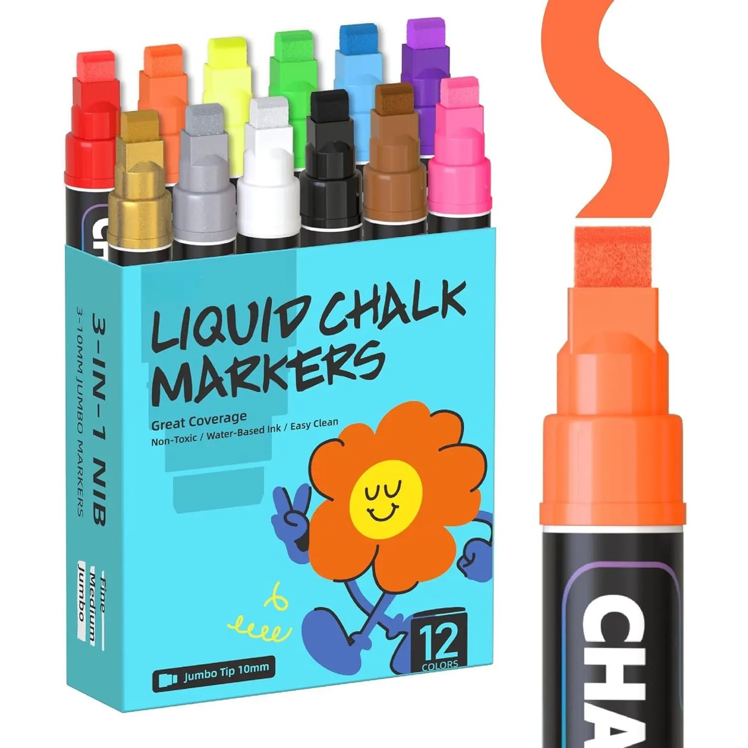 Window Chalk Markers,12 Colors  Markers,10mm 3-In-1  Wide Nib, Dust-Free &  - Erasable Blackboards Marker For Rock Painting, Poster, Stone, Ceramic, Glass
