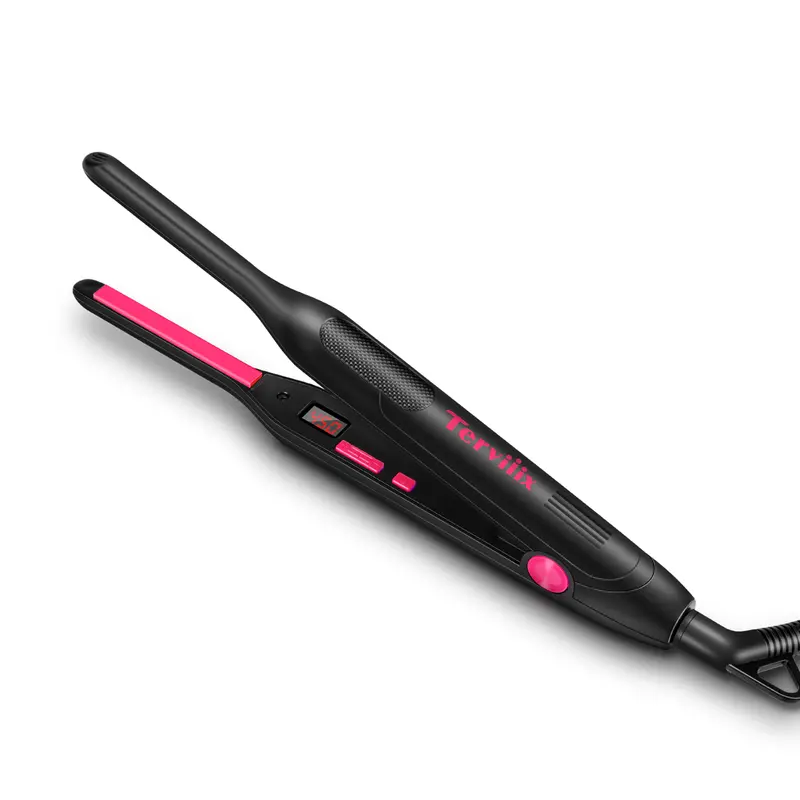 Terviiix 3/10-Inch Ceramic Tourmaline Mini Pencil Flat Iron - Unisex Flat Edge Curlers & Straighteners, Beard Straightener, Dual Voltage for Short Hair/Pixie Cut, Adjustable Temp, Auto Shut Off, Curling Irons, International Travel Single Item