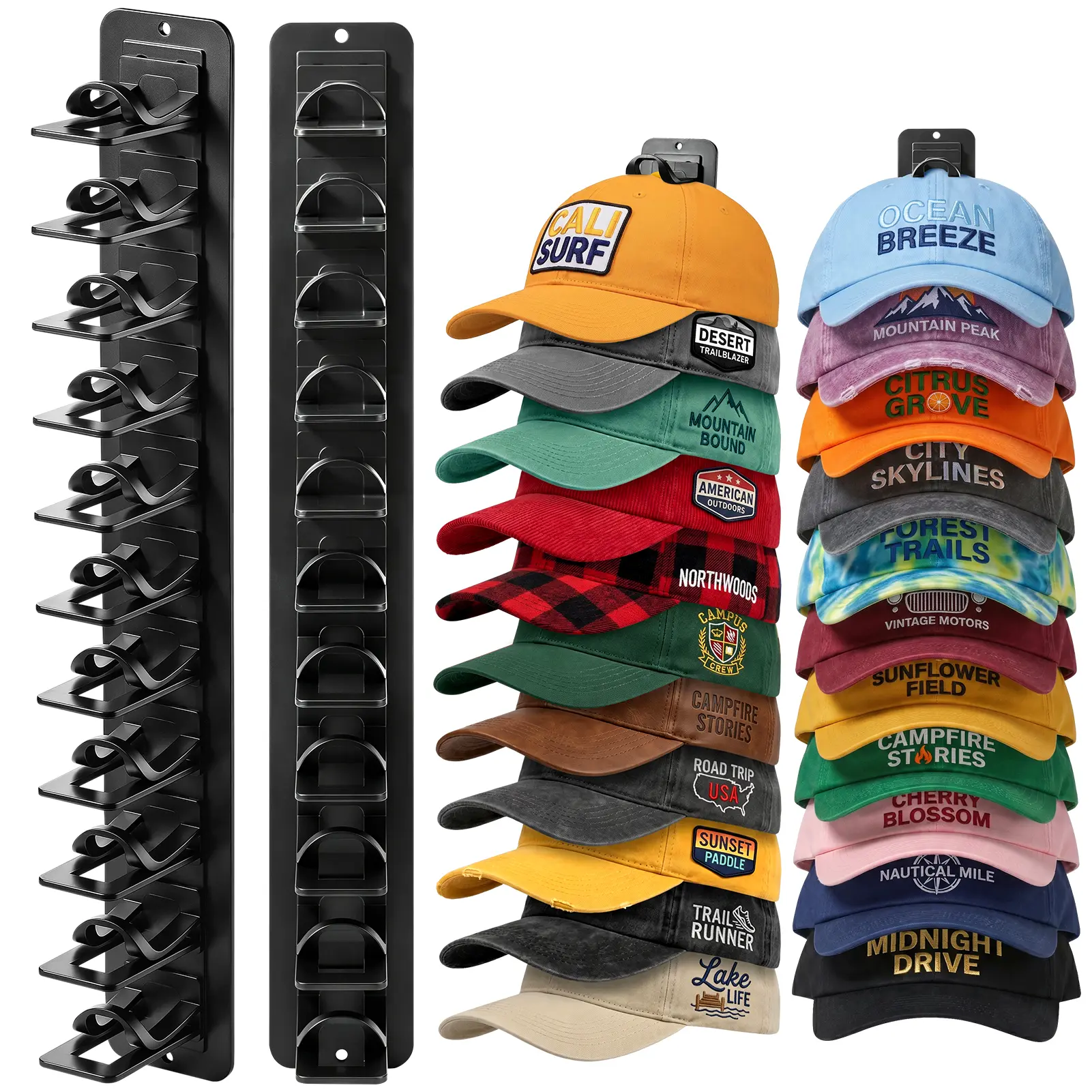 2 Pack Hat Organizer for Baseball Caps, Hat Rack on Wall Hold Up to 22 Hats, Detachable DIY Cap Organizer Hat Holder for Wall with Strong Adhesive and Nail for Wall Closet Door Bedroom, Wall-Mounted Hat Hangers for Men, Hat Storage for Caps, Hat Hook