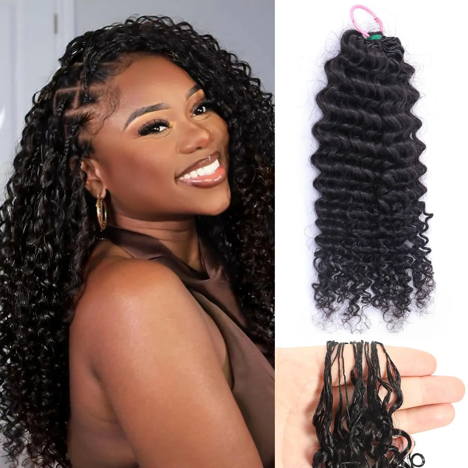 Bling Hair Kinky Curly Crochet Human Hair Knotless Pre-Separated Feather Human Crochet Hair Lightweight Reusable Remy Hair Extensions for Women Natural Black Color