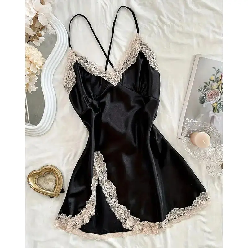 Lady Off-Shoulder Silk Nightwear, Sleeveless See-Through Ultra-Short Lingerie Nightdress for Loungewear