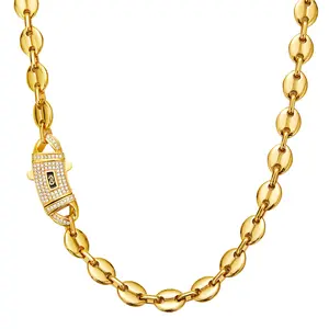 Premium S Mark Curved CZ Clasp Coffee Bean Link Necklace | Gold Plated | Multiple Sizes | Unisex Trendy Jewelry