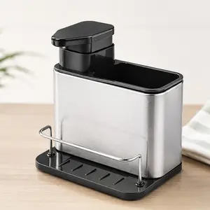 1pc Three in one sink storage rack, integrating soap dispenser, cleaning brush holder, and sponge holder, stainless steel kitchen drain storage rack