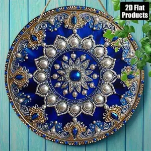 VenueGift Handmade Wooden Wall Art, Round Decorative Plaque, 8 Inch Peacock Blue and Silver Mandala Pearl Wall Decor for Home, B