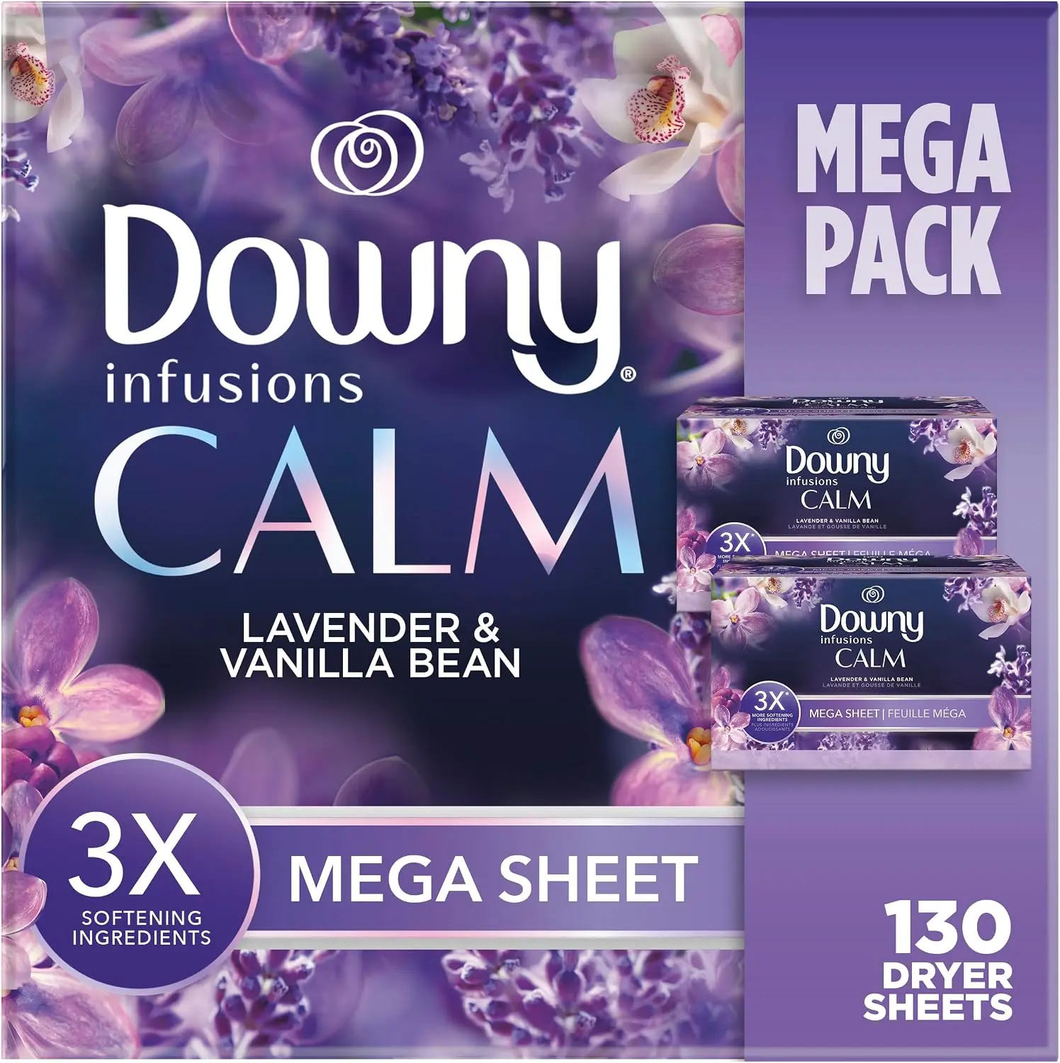 Downy CALM Lavender and Vanilla Bean Laundry Fabric Softener Mega Dryer Sheets, 130-Count Home Care Laundry Softening Sheets