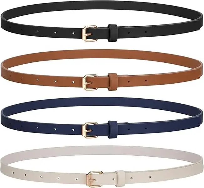 Pack of 4 Skinny Women Leather Belt for Dresses Thin Waist Belt for Jeans Pants with Gold Buckle Suitable for Formal or Casual Wear In Any Season and Any Occasion